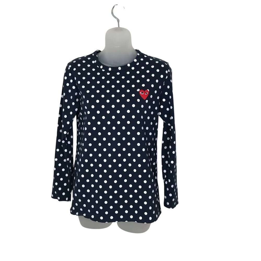 Comme des Garcons PLAY Navy and White Polka Dot Long Sleeve Top